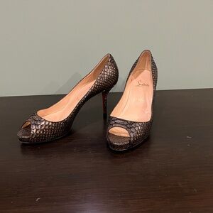 Christian Louboutin Brown Snakeskin Peep-Toe Stiletto Pumps